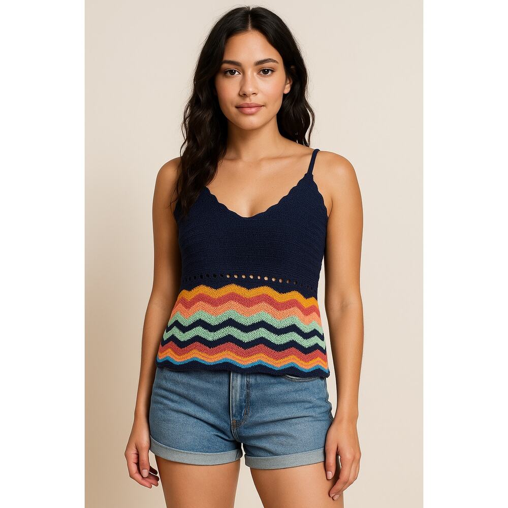 Mossimo Chevron Crochet Knit Tank Top Small Navy Multicolor Boho‎ Festival